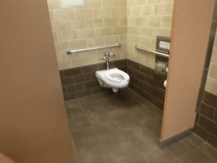 Women’s accessible restroom in the Tualatin Library - handrail on the wall behind toilet and next to the toilet